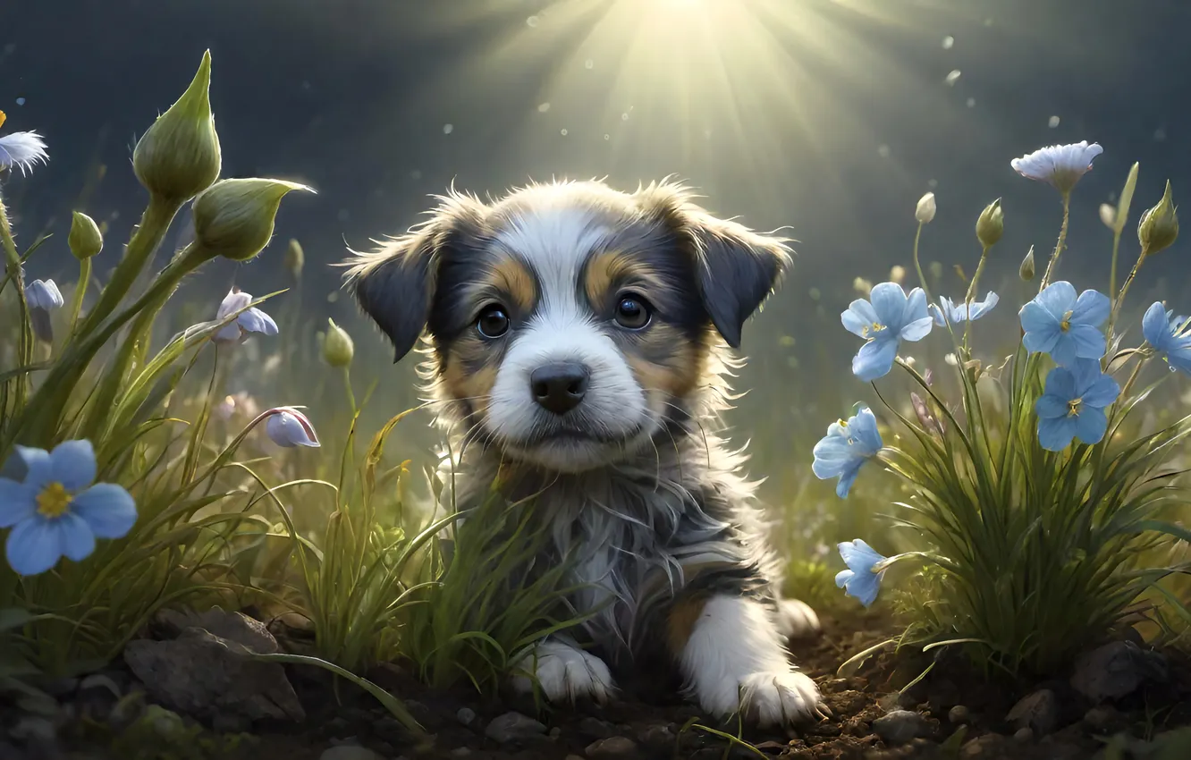 Photo wallpaper flowers, dog, puppy, AI art, neural network