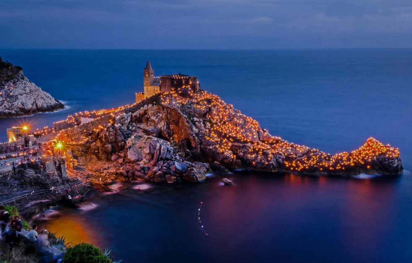 Photo wallpaper sea, lights, rocks, Italy, Portovenere, St. Peter's Church, the feast of the patron Saint