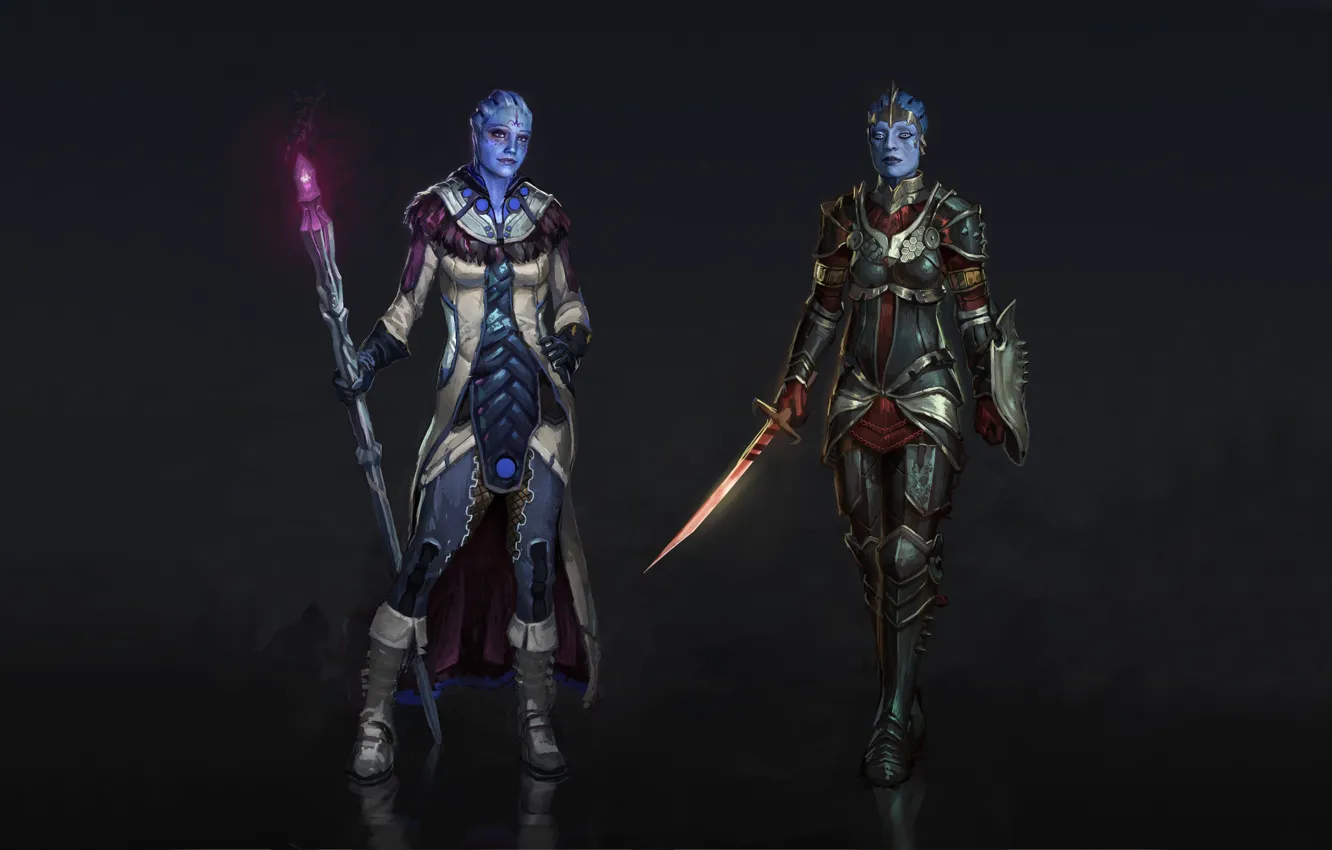 Photo wallpaper sword, armor, staff, cloak, warrior, sorceress, Mass Effect, fanart