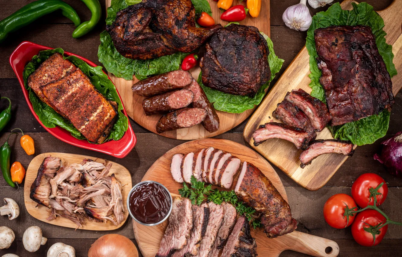 Photo wallpaper tomatoes, cuts, garlic, greens, meat, sausages