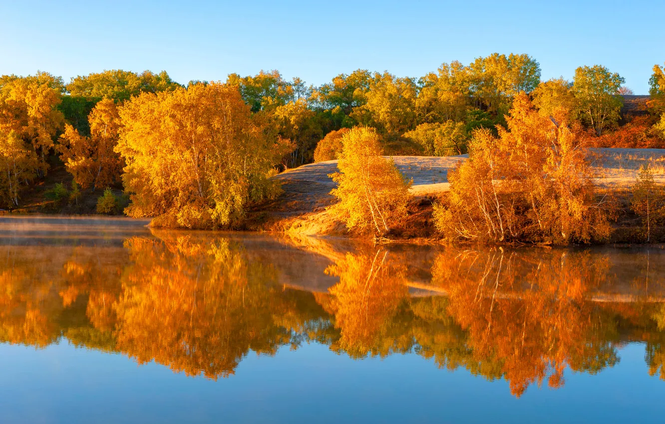 Photo wallpaper autumn, light, trees, nature, lake, reflection, blue, hills