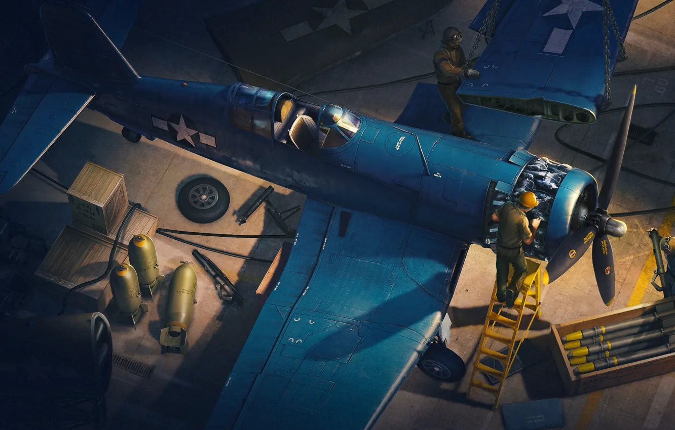 Photo wallpaper The game, The plane, Fighter, People, Wings, USA, Bombs, Chance Vought F4U Corsair