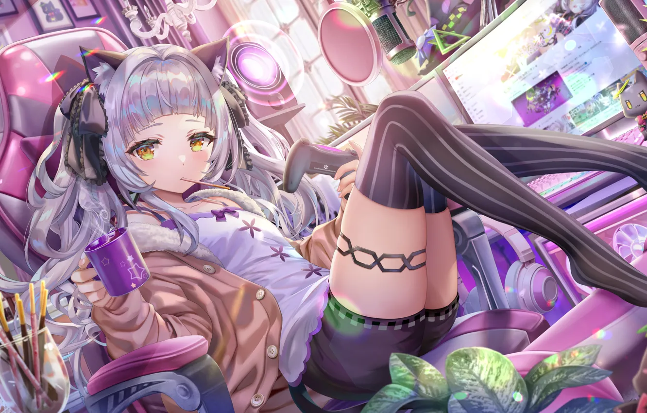 Photo wallpaper girl, tea, toy, comp, joystick, ears, yummy, Virtual youtuber