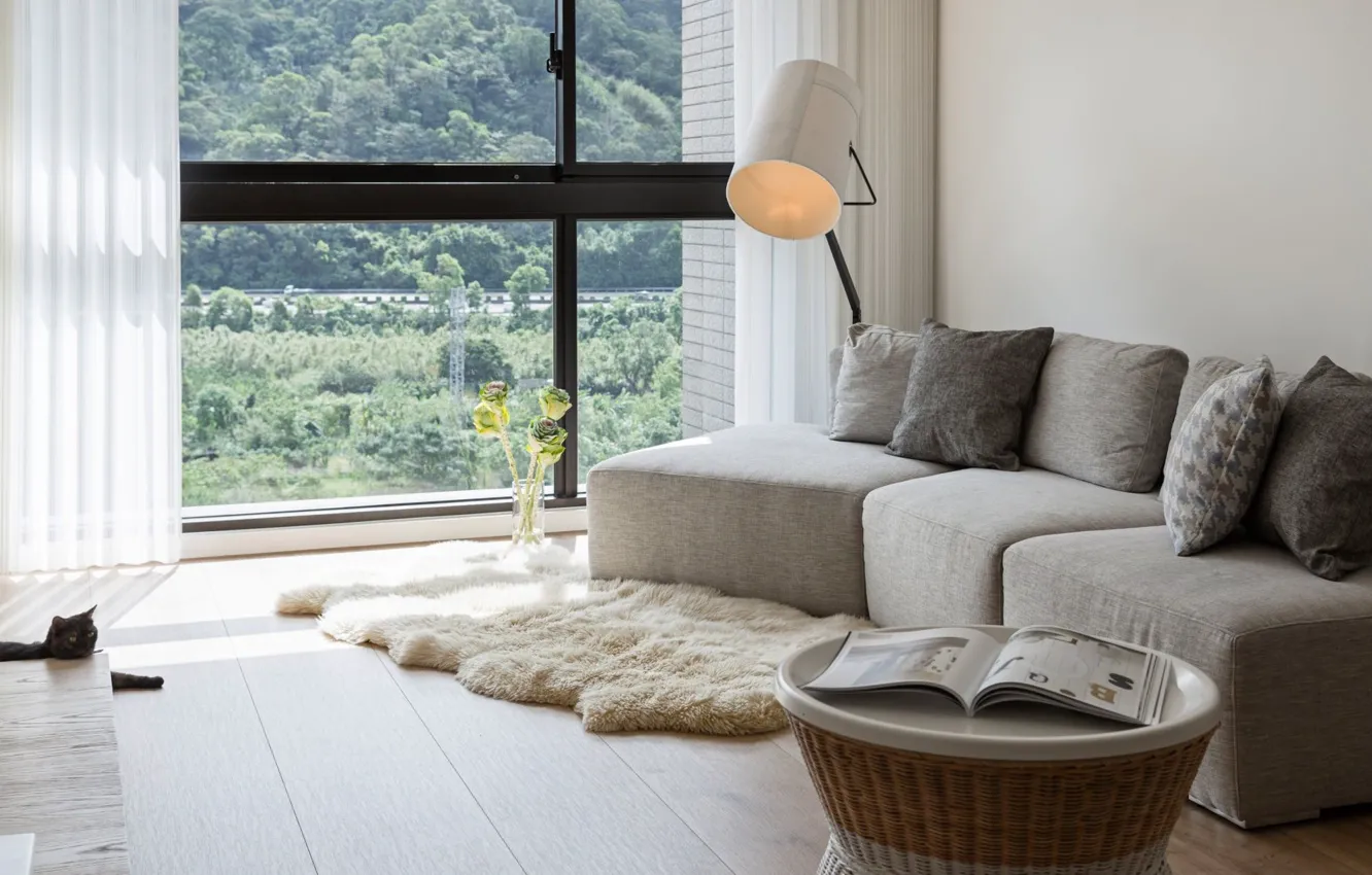 Photo wallpaper design, style, room, interior, sofa, living room, Space and White