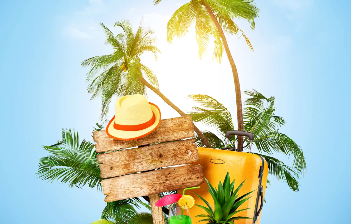 Photo wallpaper nature, tropics, palm trees, hat, fruit, pineapple