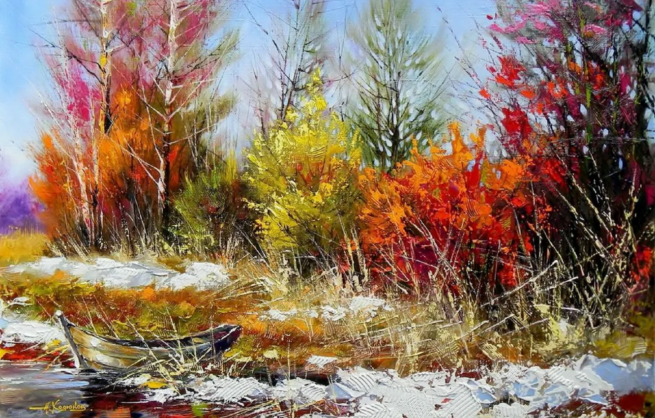 Photo wallpaper autumn, forest, the sky, water, snow, trees, landscape, boat