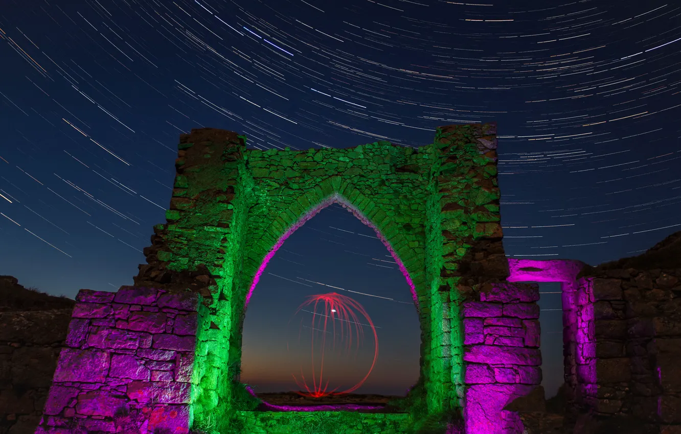 Photo wallpaper stars, night, green, arch, photography, timelapse