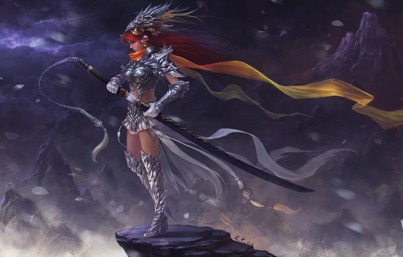 Photo wallpaper girl, mountains, rocks, sword, fantasy, art