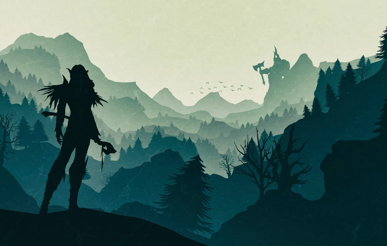 Photo wallpaper mountains, elf, minimalism, silhouette, fantasy, Night Elf, warcraft, wow