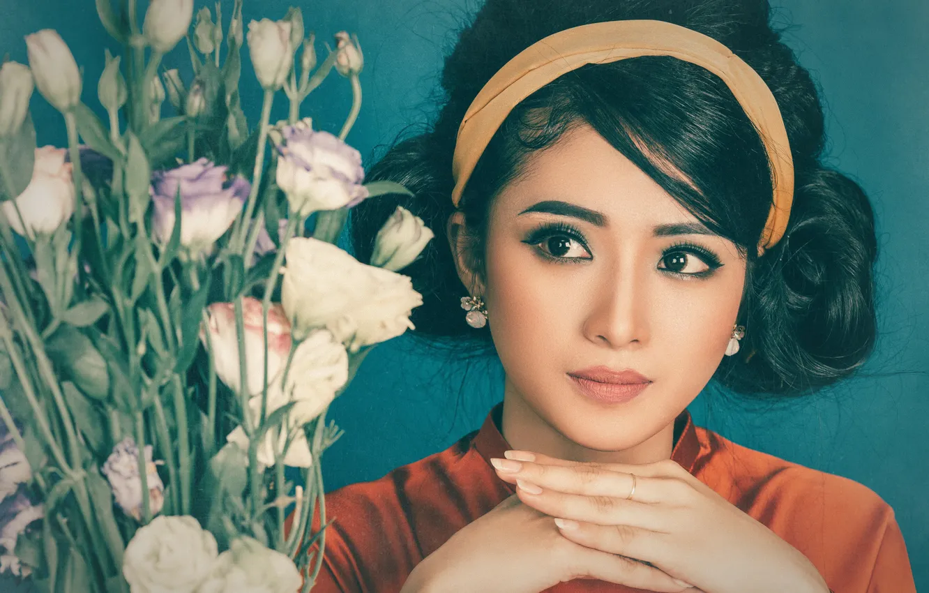 Photo wallpaper look, girl, flowers, face, hands, hairstyle, Asian, eustoma