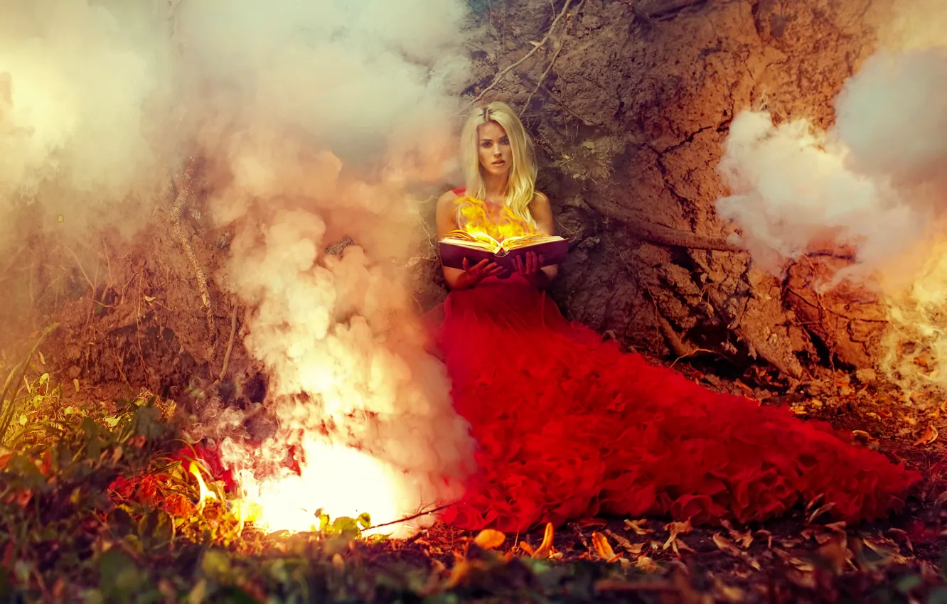 Photo wallpaper girl, fire, magic, model, dress, book, red dress