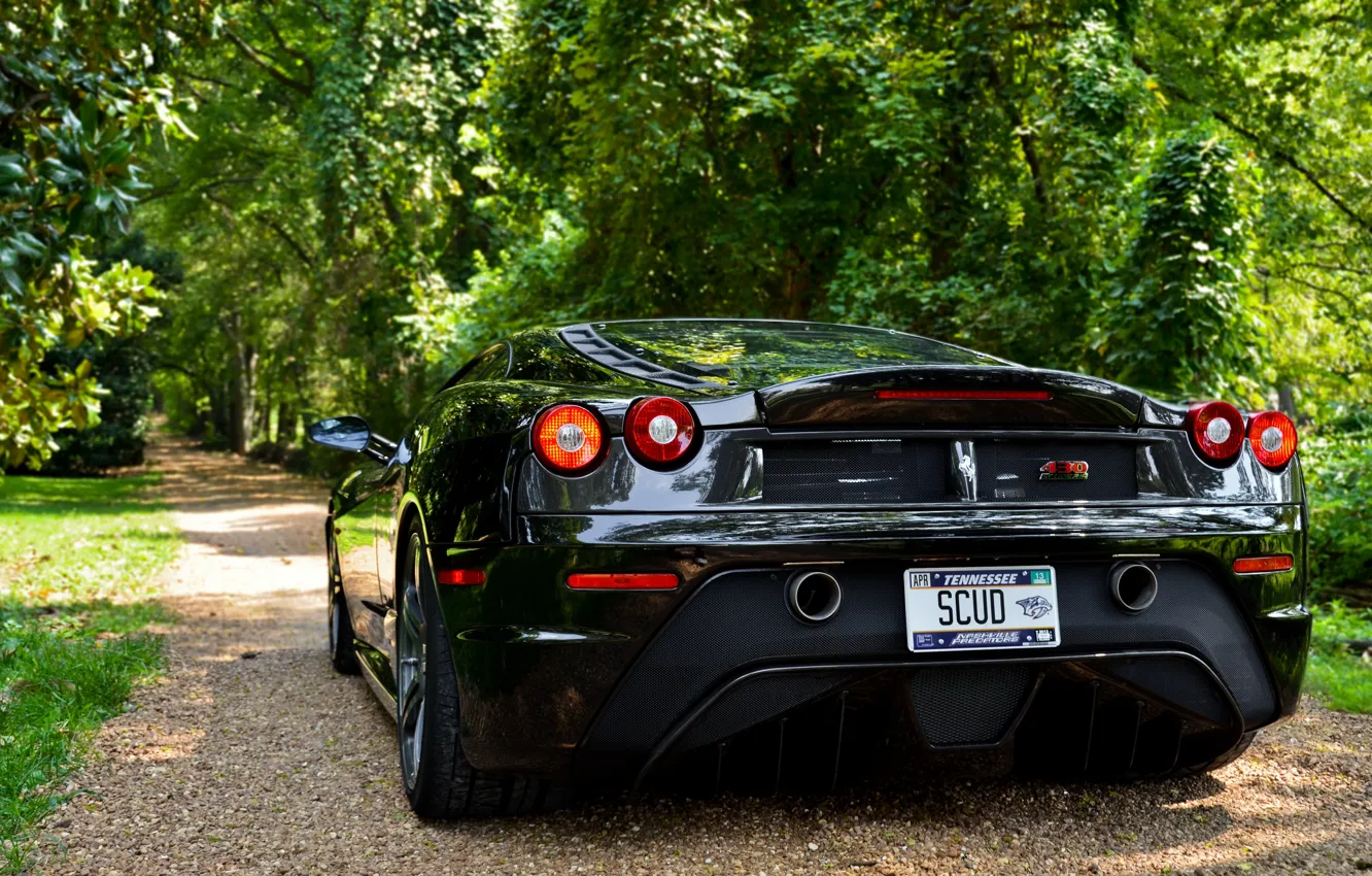 Photo wallpaper trees, shadow, ferrari, Ferrari, black, f430, back, scuderia