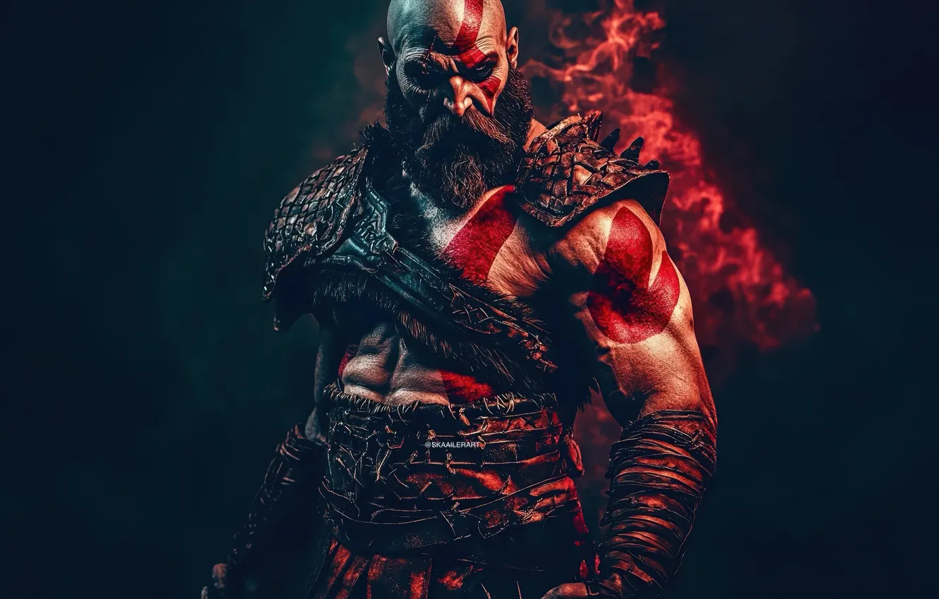 Photo wallpaper fire, flame, god of war, weapon, kratos, sony, snow, blow