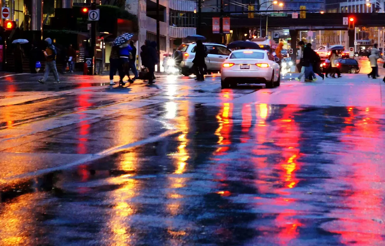 Photo wallpaper the city, reflection, rain, street