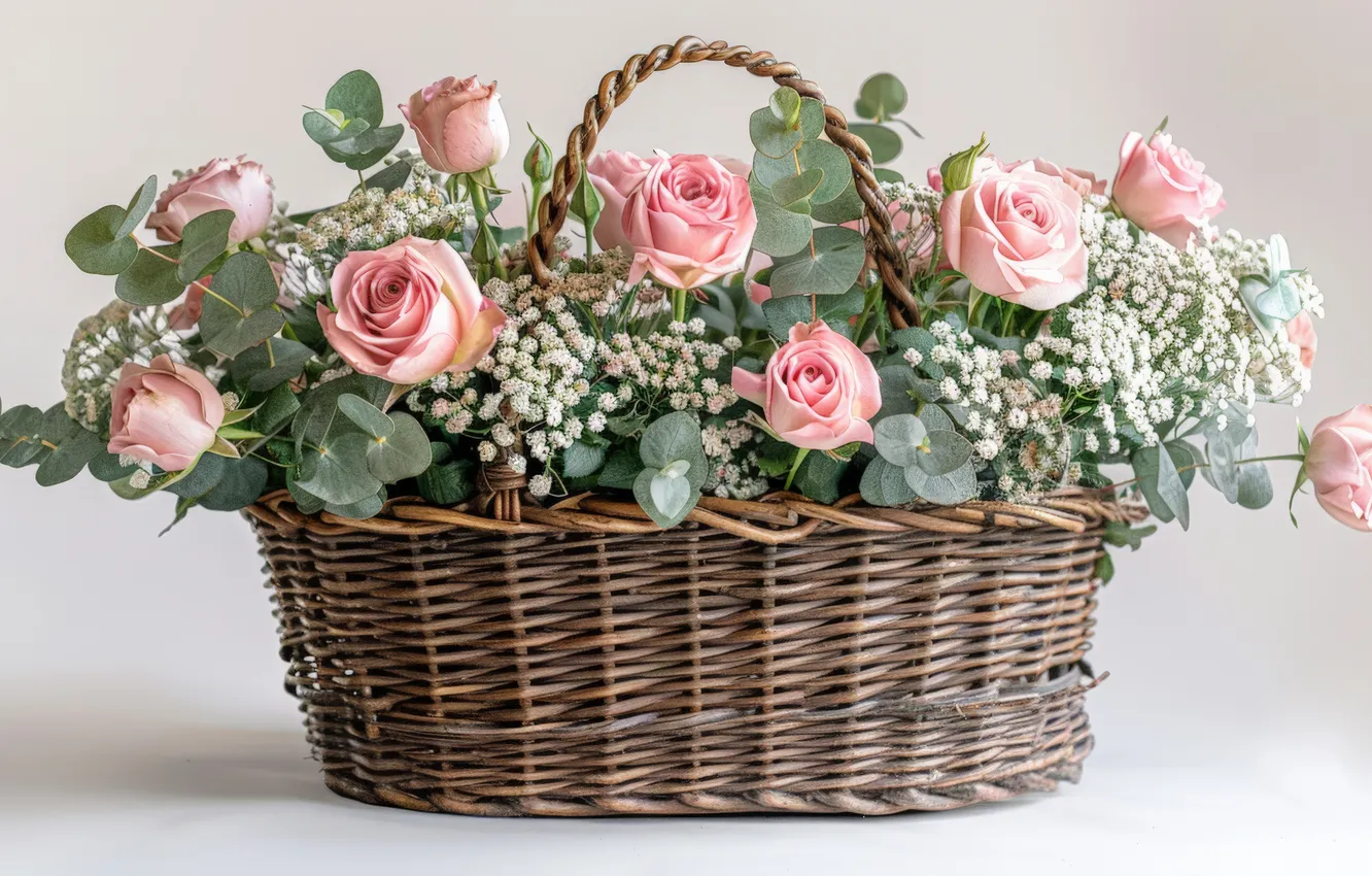 Photo wallpaper flowers, birthday, holiday, roses, bouquet, basket, Valentine's day, March 8