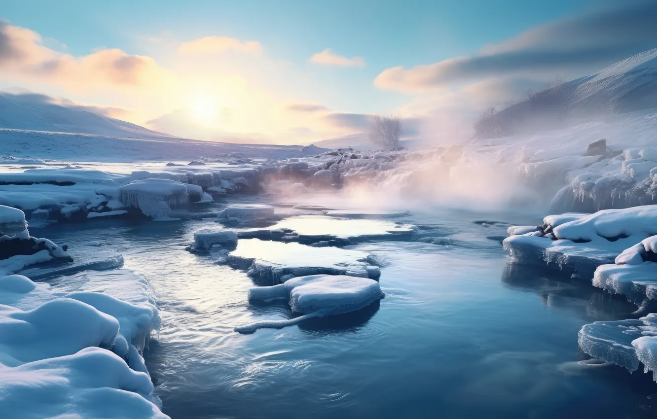 Photo wallpaper winter, the sun, clouds, snow, nature, ice, pond, AI art