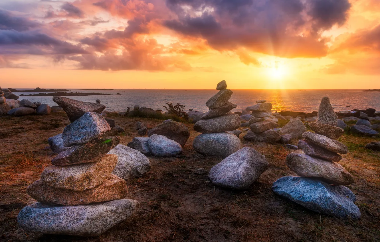 Photo wallpaper the sun, clouds, sunset, stones, shore, stack, pond, pyramid