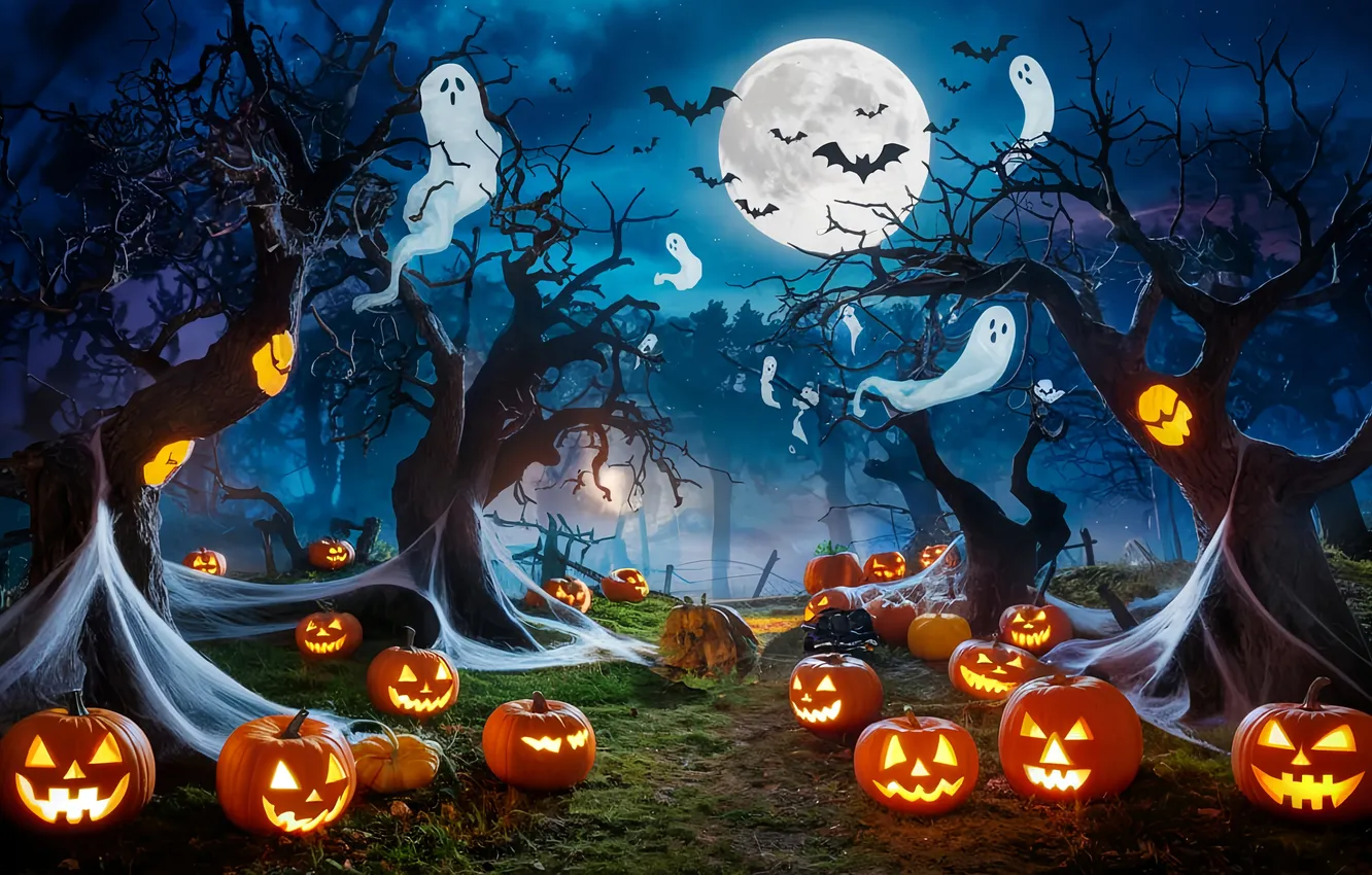 Photo wallpaper trees, night, the moon, pumpkin, Halloween, horror