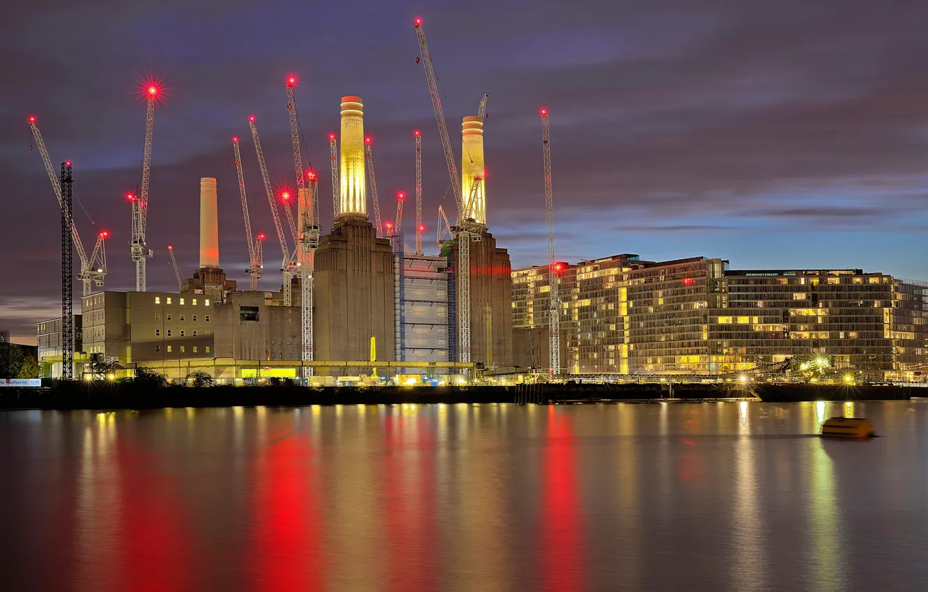 Photo wallpaper night, lights, England, London, home, crane