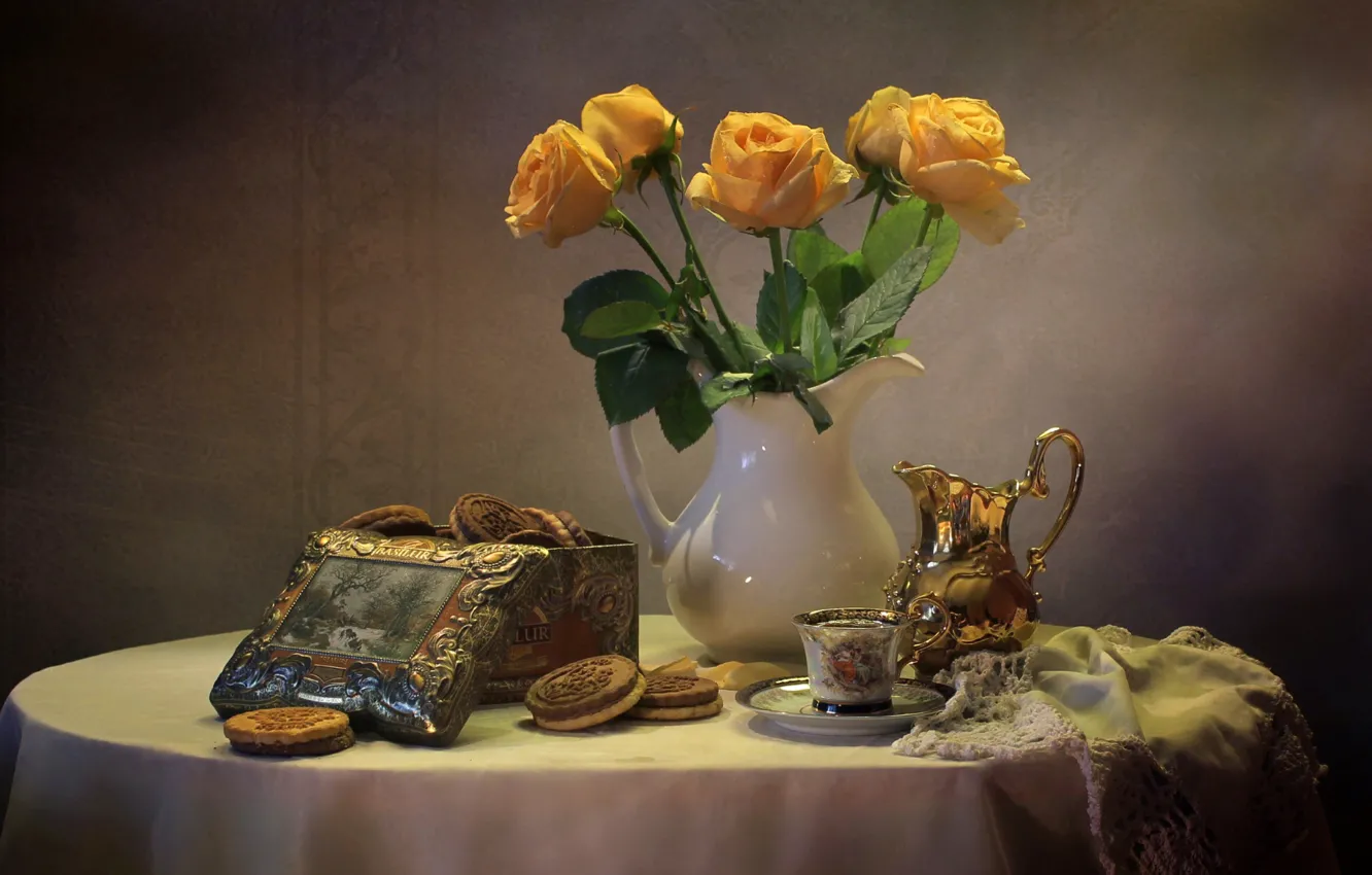 Photo wallpaper roses, bouquet, kettle, cookies, still life