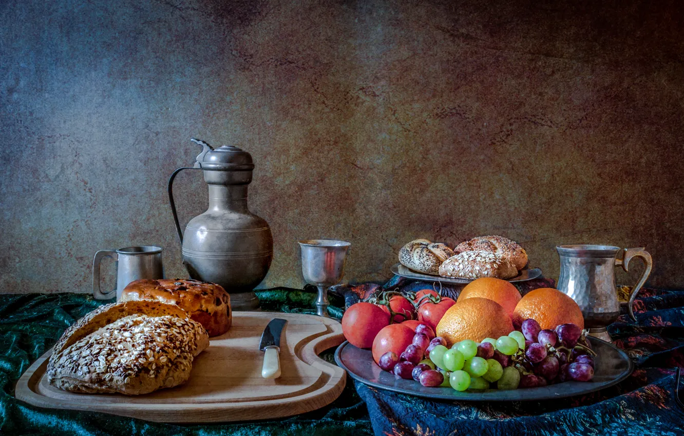 Photo wallpaper flowers, berries, bread, knife, mug, pitcher, fruit, still life