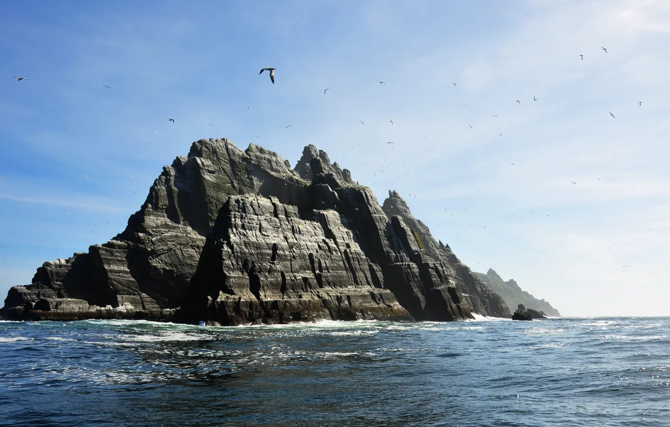 Photo wallpaper sea, the sky, clouds, rocks, bird, island