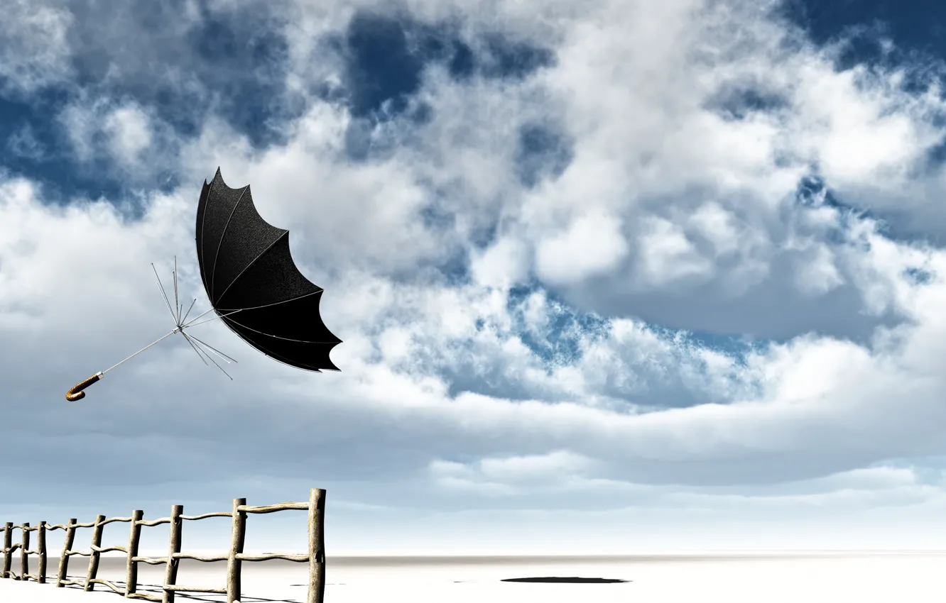 Photo wallpaper the sky, clouds, flight, the wind, the fence, umbrella, spokes