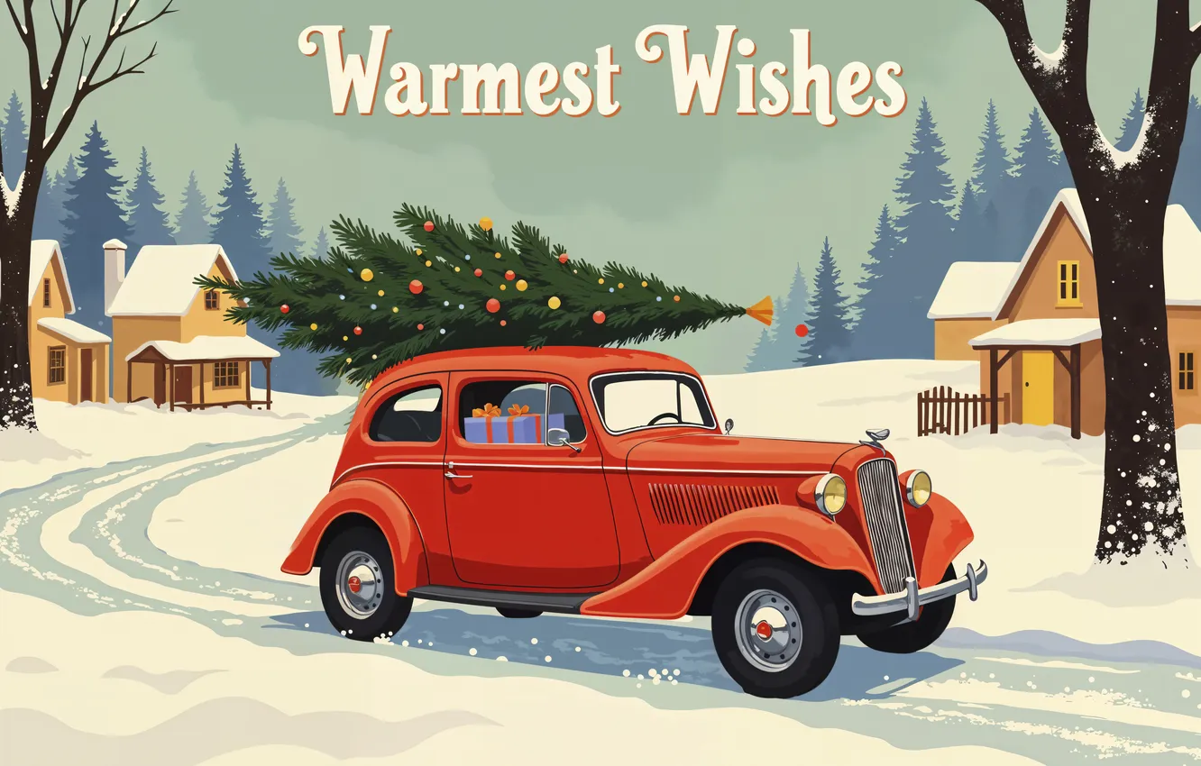 Photo wallpaper winter, machine, forest, snow, red, gift, the inscription, new year