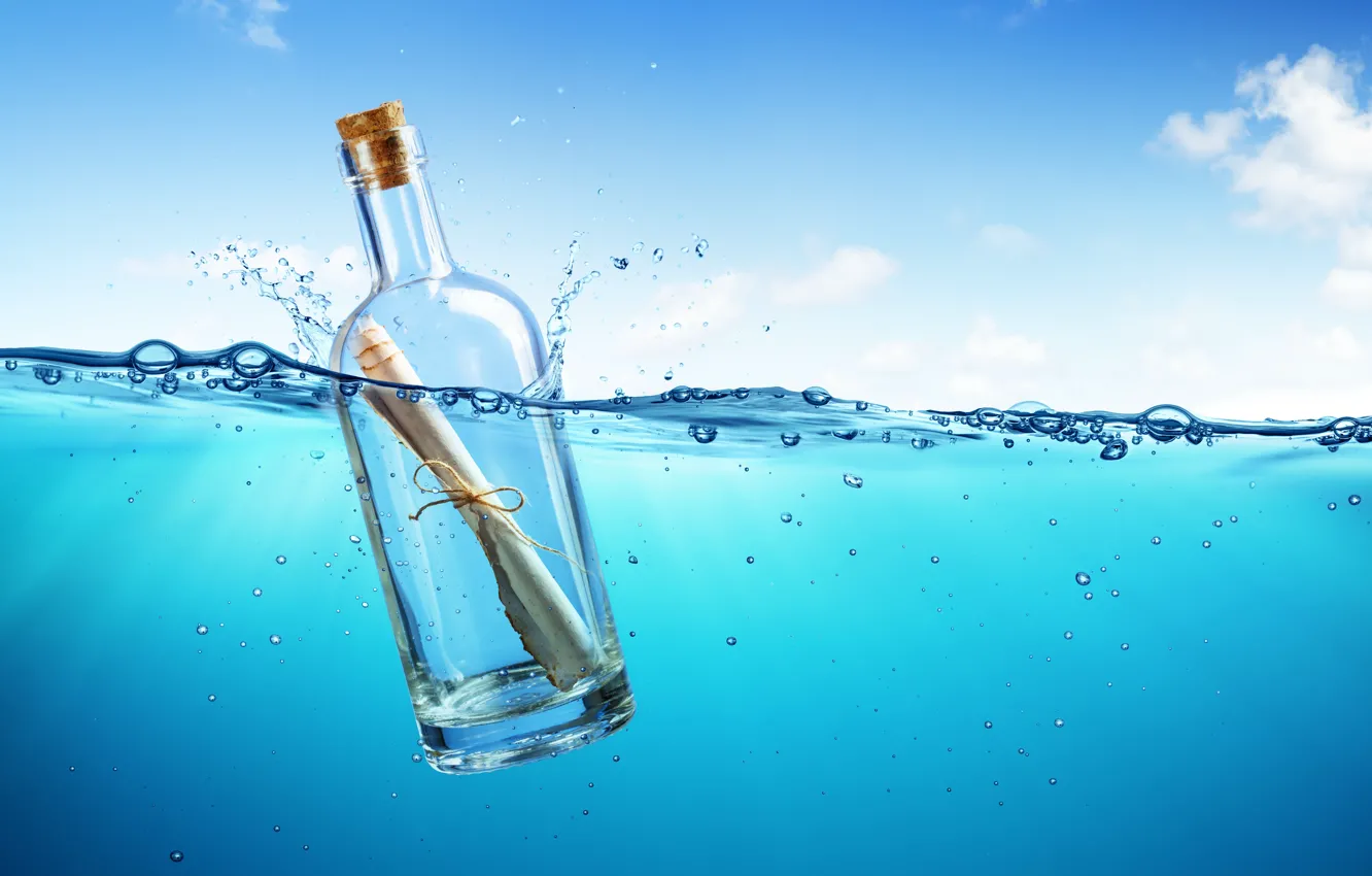 Photo wallpaper sea, letter, the ocean, bottle, sea, ocean, blue, water