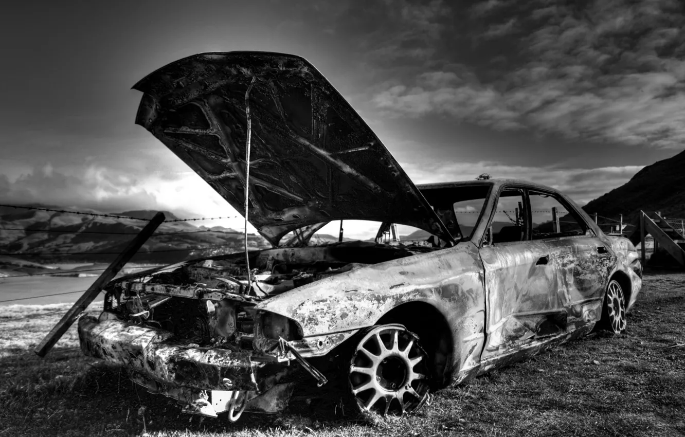 Photo wallpaper old, car, burnout, burnt, Old auto