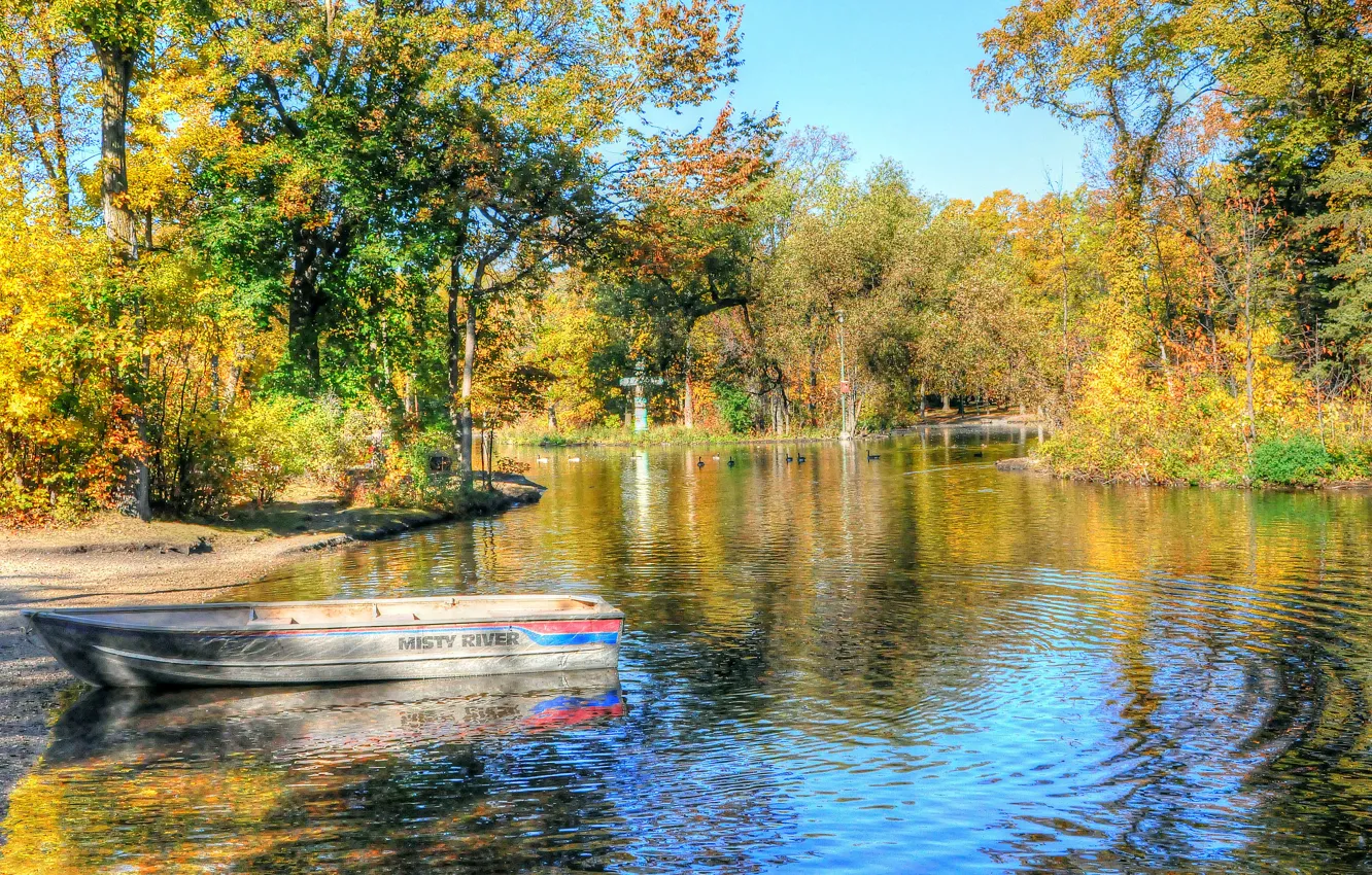Photo wallpaper autumn, trees, landscape, lake, Park, boat