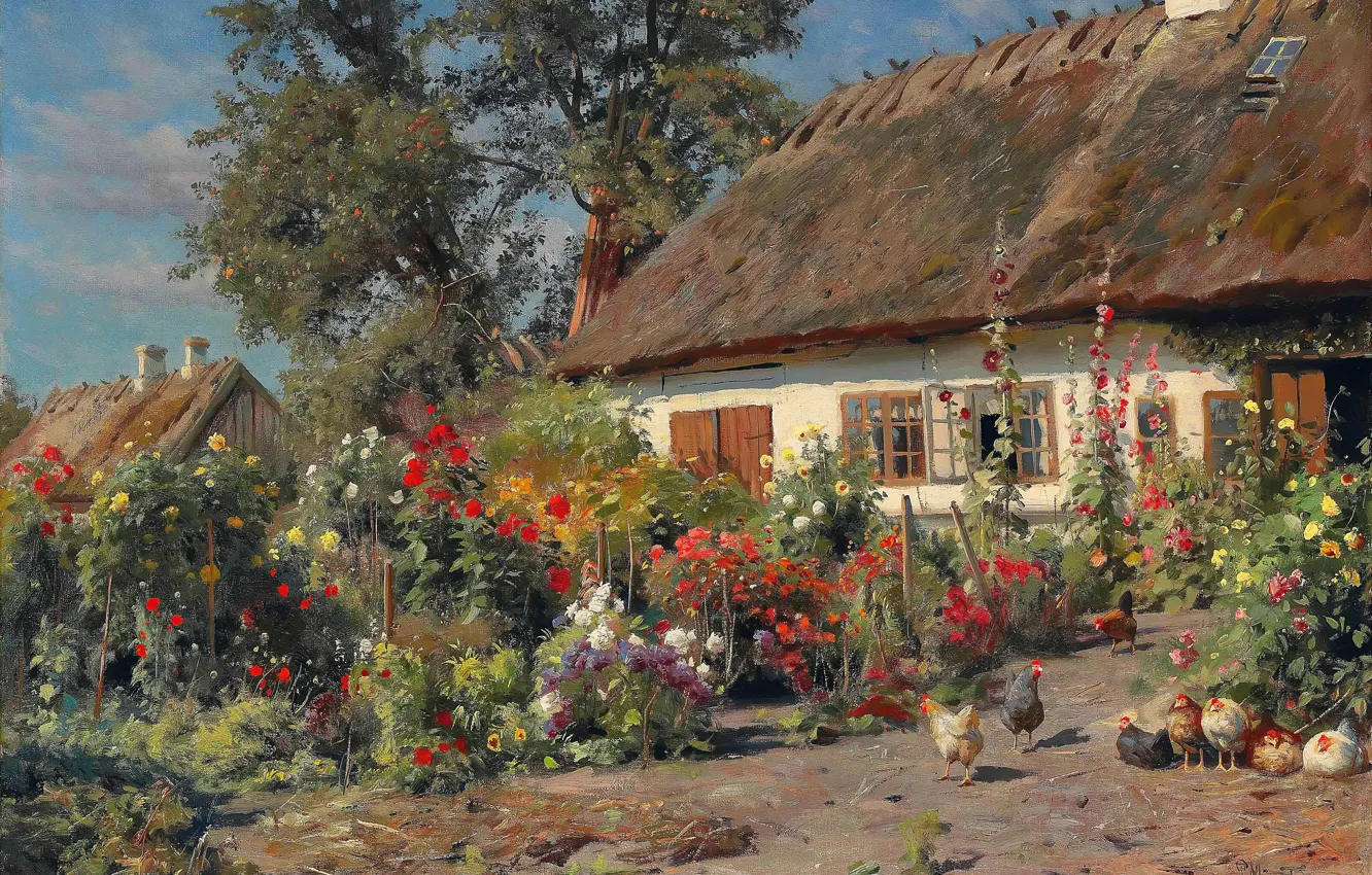 Photo wallpaper Flowers, House, Picture, Peter Merk Of Menstad, Peder Mørk Mønsted, Chickens, Danish painter, Country garden …