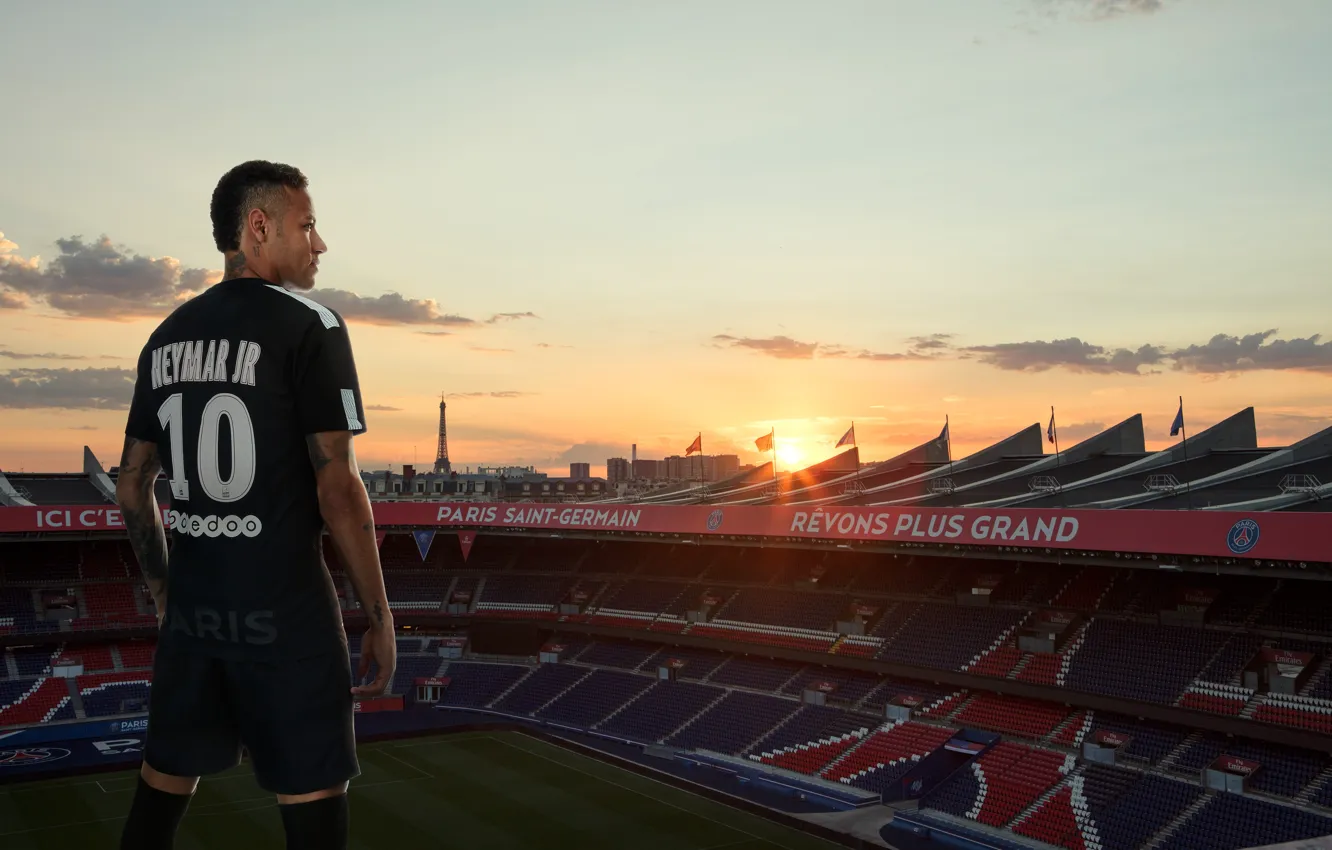 Photo wallpaper wallpaper, sport, sunset, stadium, football, player, Neymar, Paris Saint-Germain