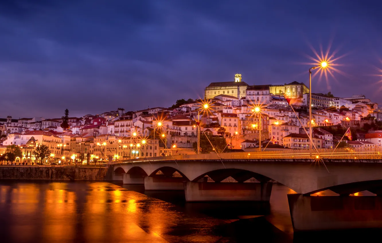 Photo wallpaper purple, the sky, night, bridge, the city, lights, river, building