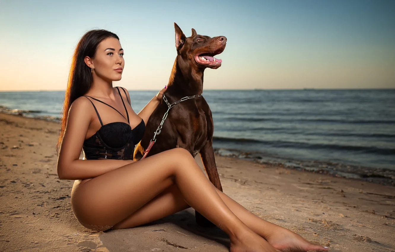 Photo wallpaper sand, sea, beach, girl, pose, dog, legs, Sergey Gokk