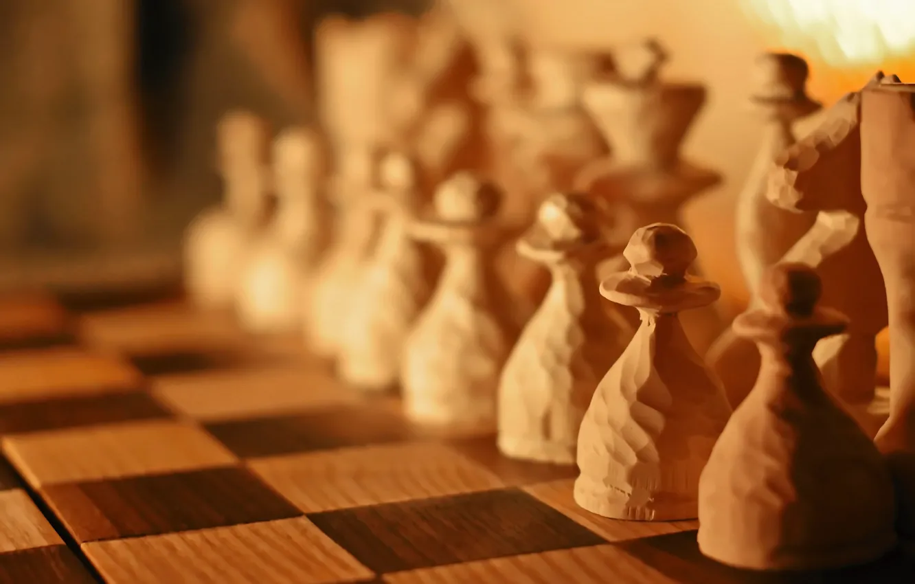 Photo wallpaper chess, chess Board, bokeh, blurred background, chess pieces, wooden, pawns, carved
