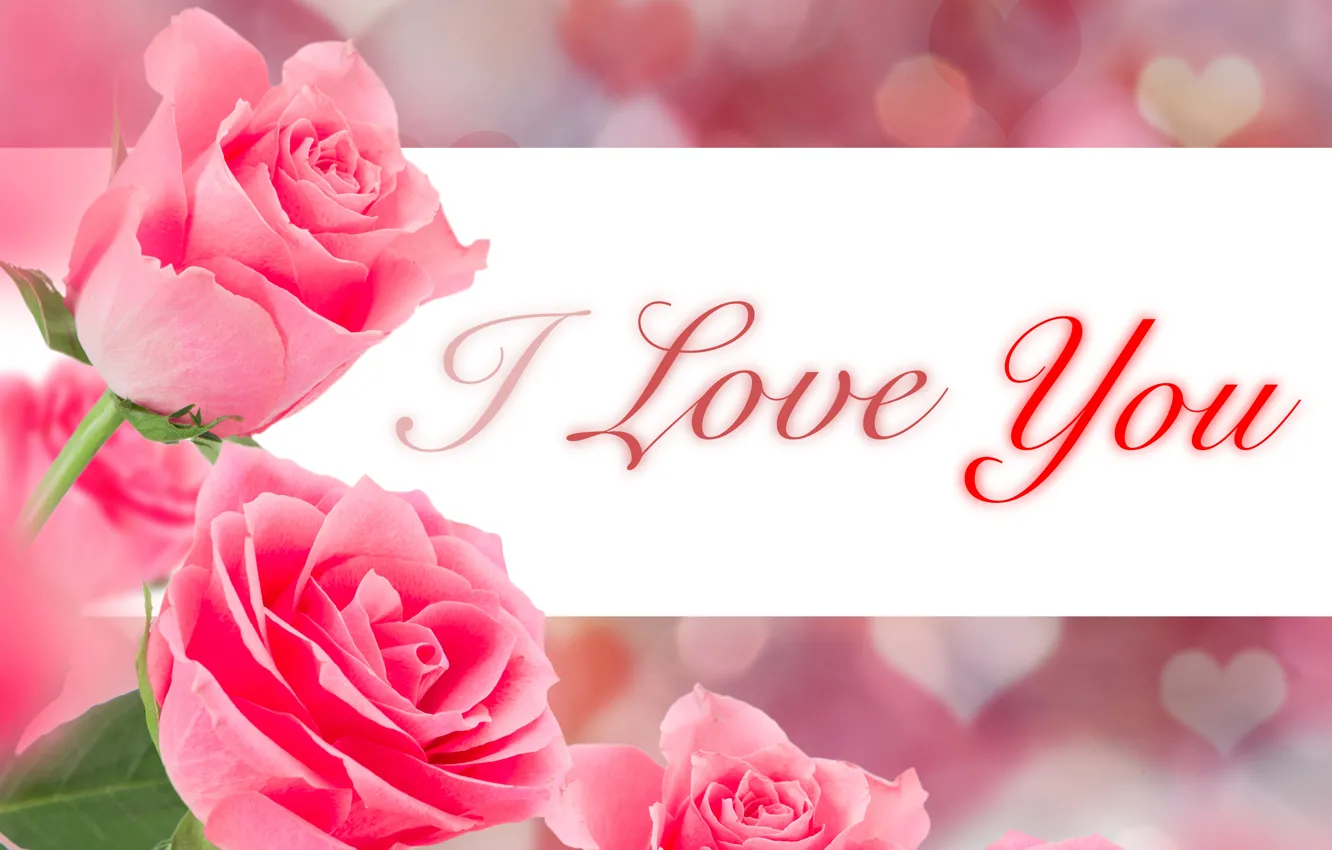 Photo wallpaper flowers, background, the inscription, roses, bouquet, hearts, pink, I love You
