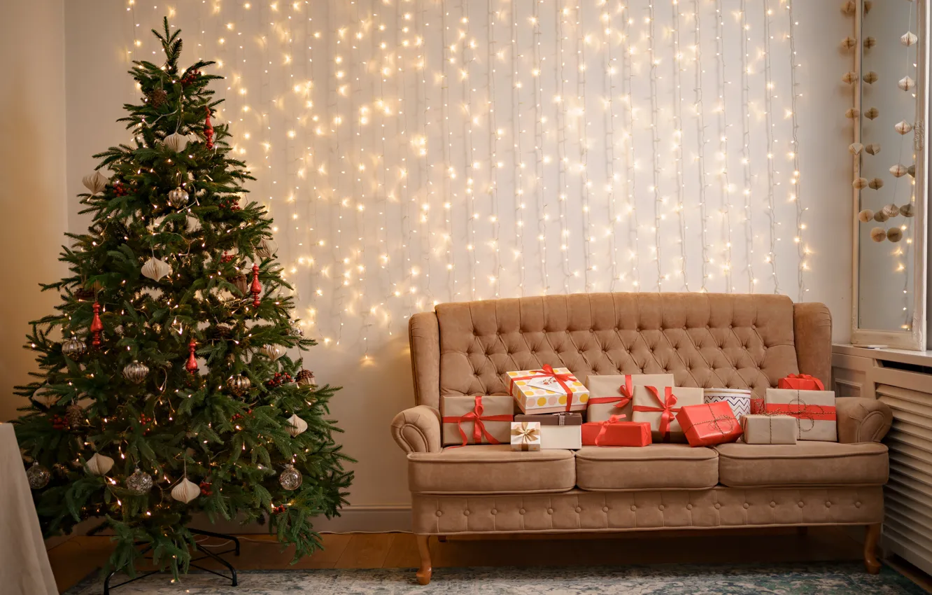 Photo wallpaper decoration, gift, tree, new year, interior, Christmas, Christmas, wood