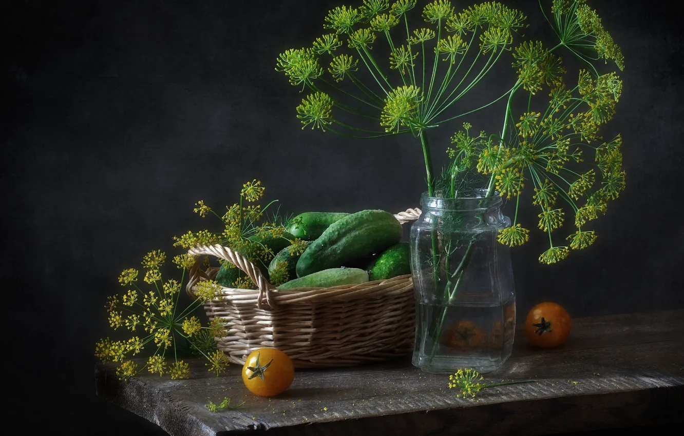 Photo wallpaper dill, Bank, tomato, cucumbers, billet, conservation
