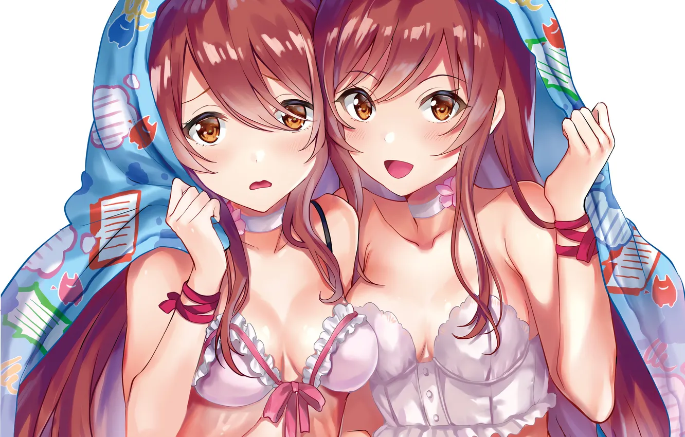 Photo wallpaper sexy, cleavage, long hair, girls, brown eyes, boobs, anime, beautiful