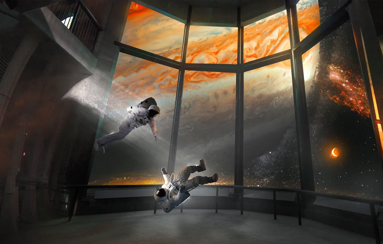 Photo wallpaper space, stars, planet, the suit, art, weightlessness, astronaut, Astronauts in Space