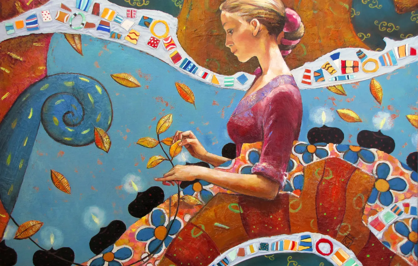 Photo wallpaper leaves, girl, flowers, mosaic, pattern, paint, picture, art