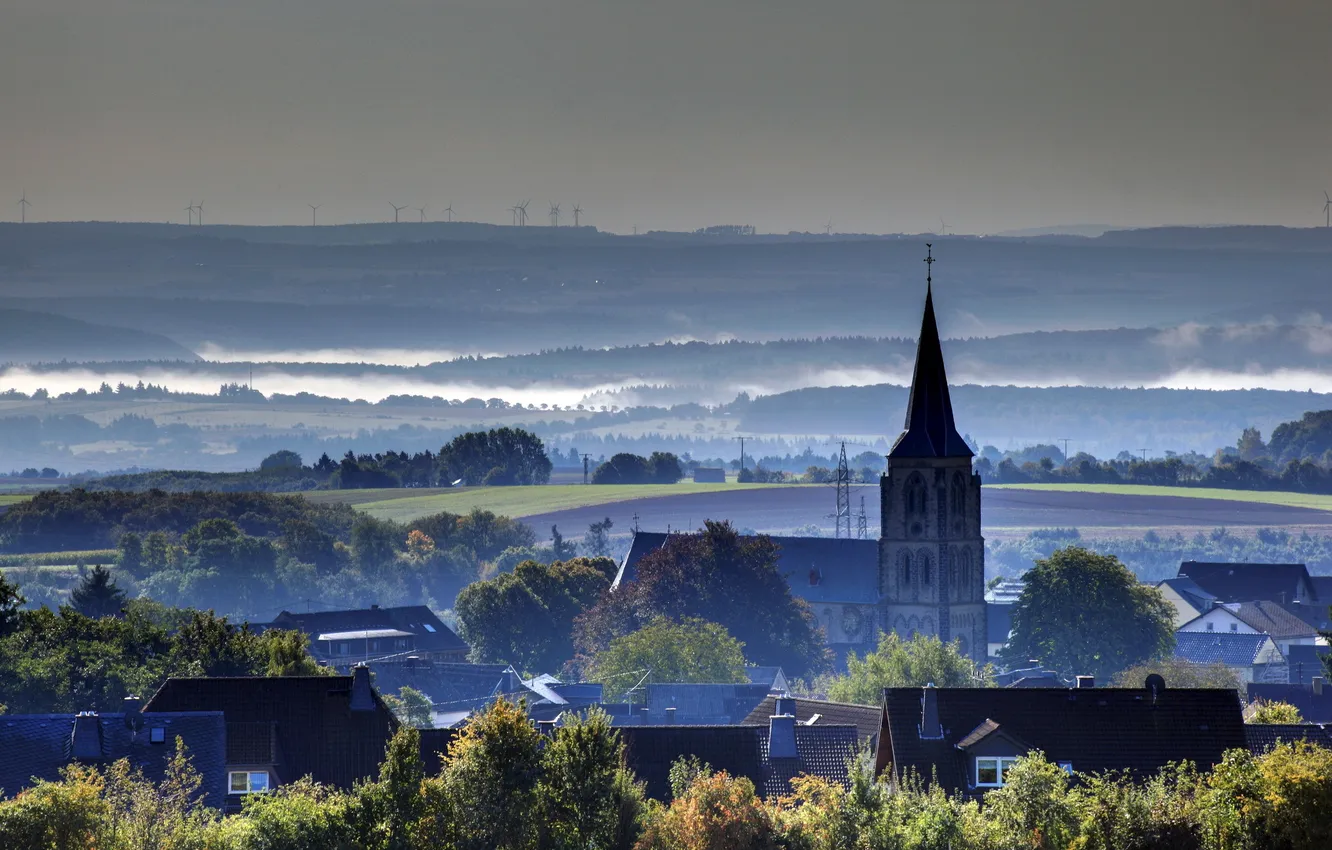 Photo wallpaper fog, home, Germany, horizon, town, Landkern
