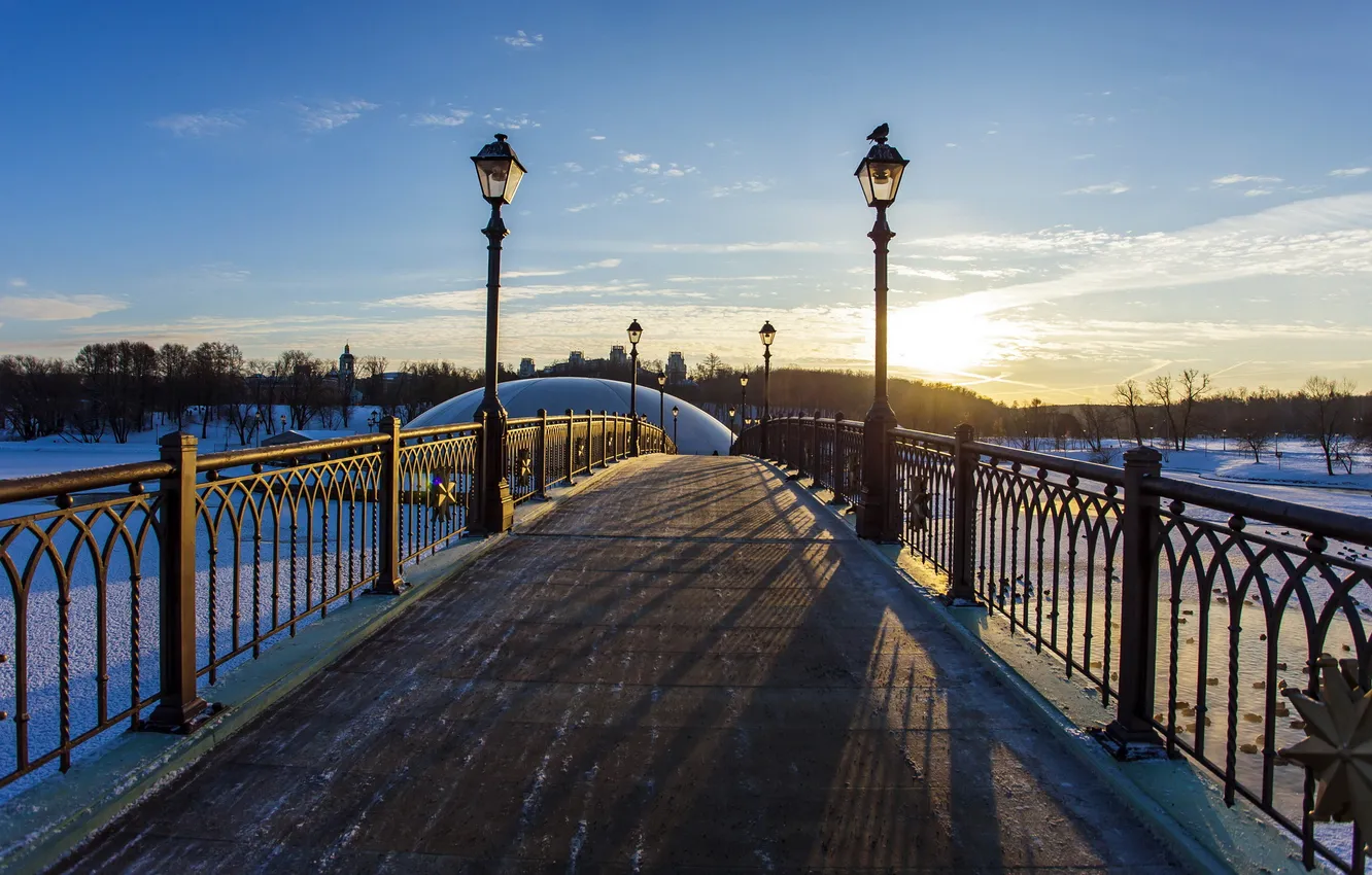 Photo wallpaper winter, bridge, the city, river