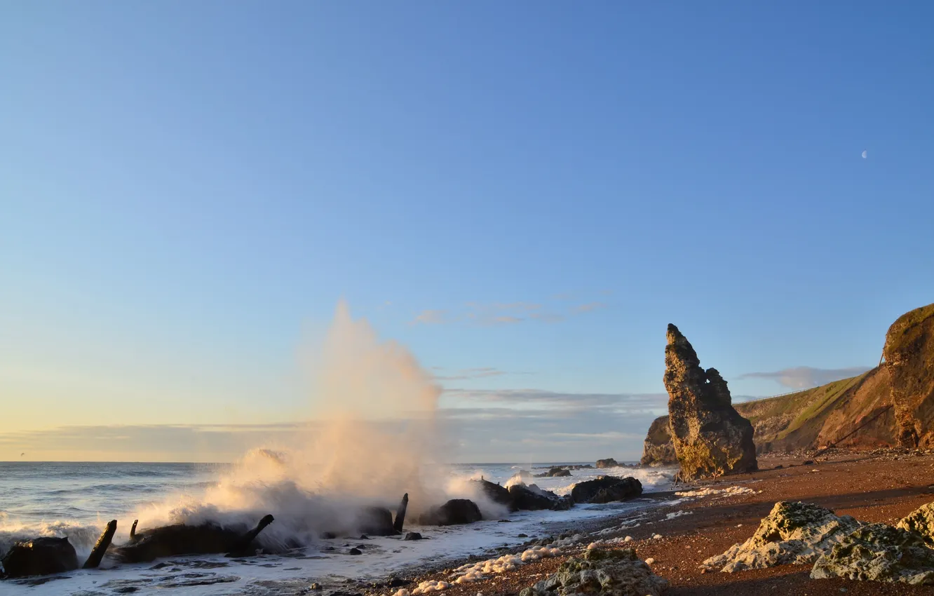 Photo wallpaper sea, wave, the sky, squirt, rocks, shore