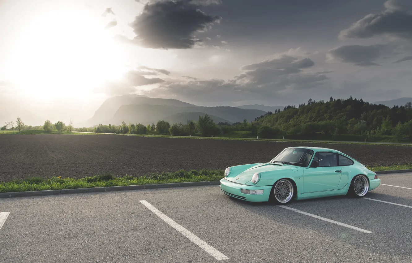 Photo wallpaper the sun, mountains, Porsche, Porsche, 964