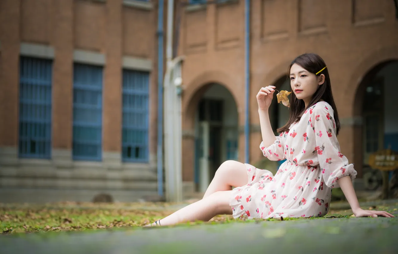 Photo wallpaper girl, dress, legs, Asian, leaves, bokeh