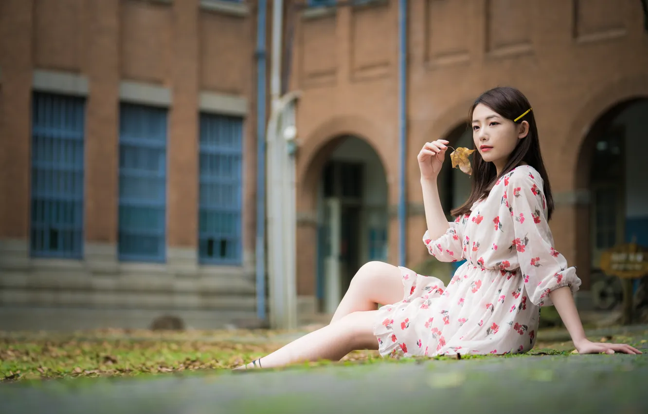 Photo wallpaper girl, dress, legs, Asian, leaf, bokeh