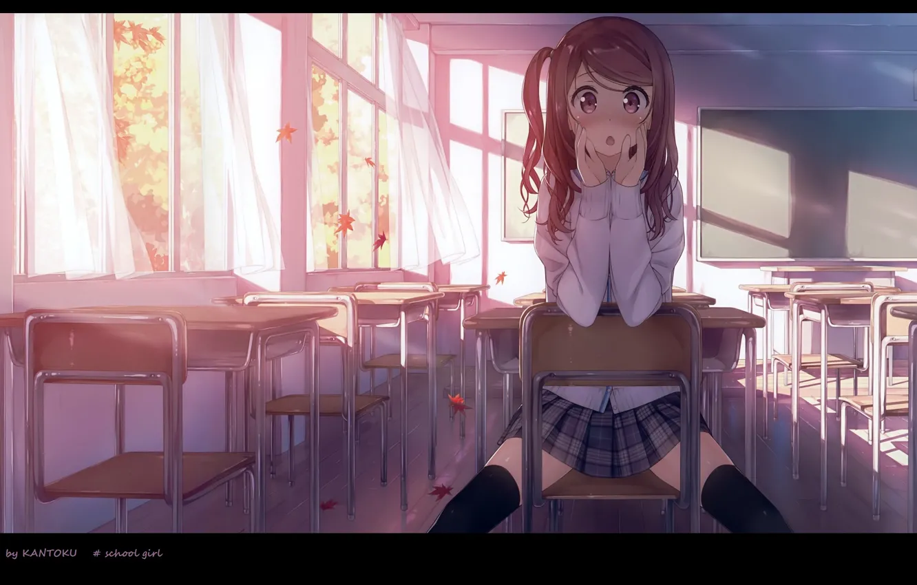 Photo wallpaper surprise, class, schoolgirl, desks, black stockings, autumn leaves, sitting on a chair, Sunny day