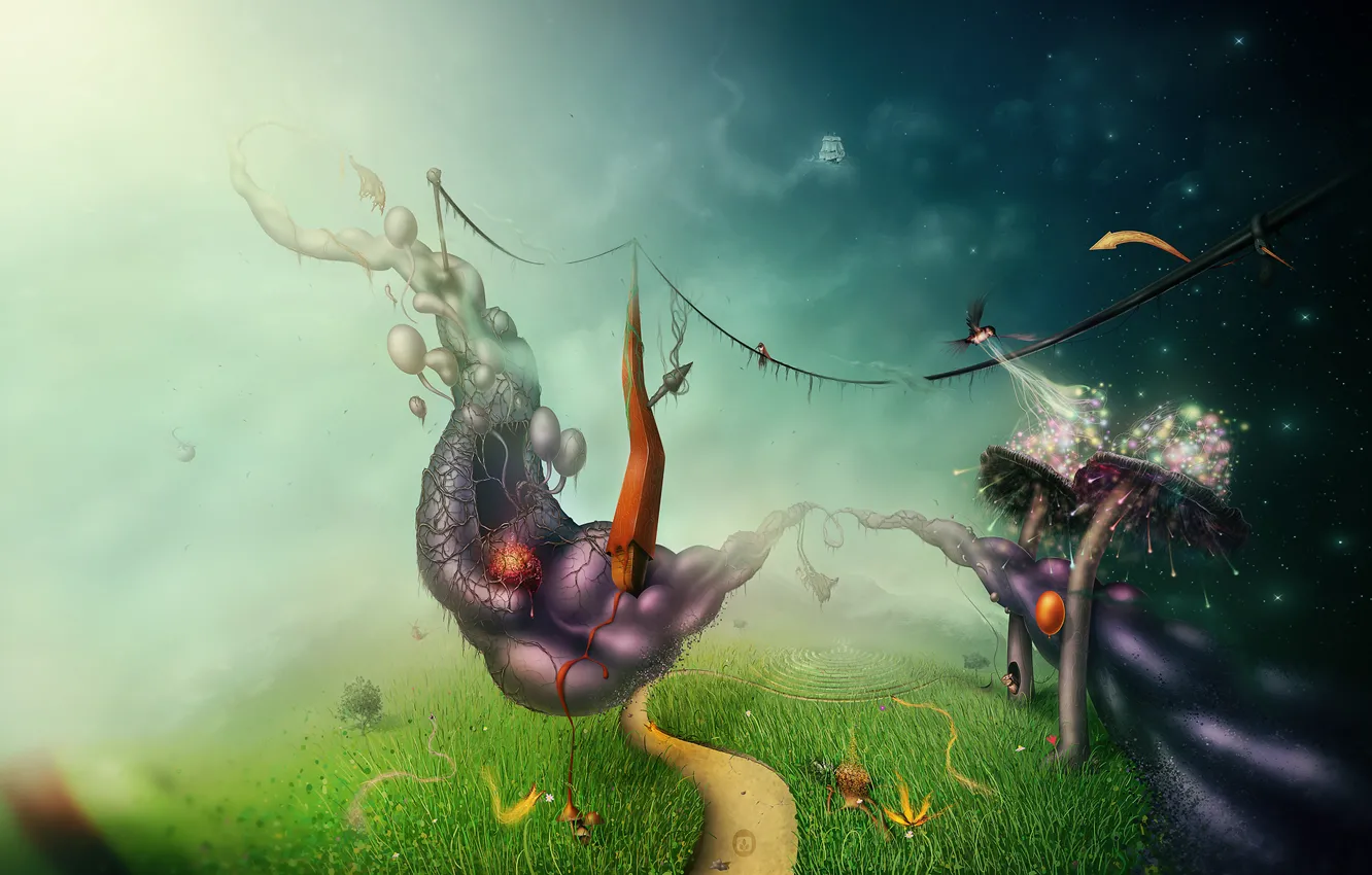 Photo wallpaper road, bird, arrows, mushrooms, mouse